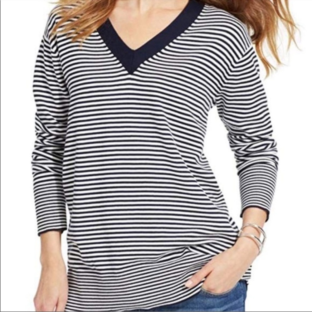 Tommy Hilfiger Blue and White Striped V-Neck Cotton Sweater - XXL